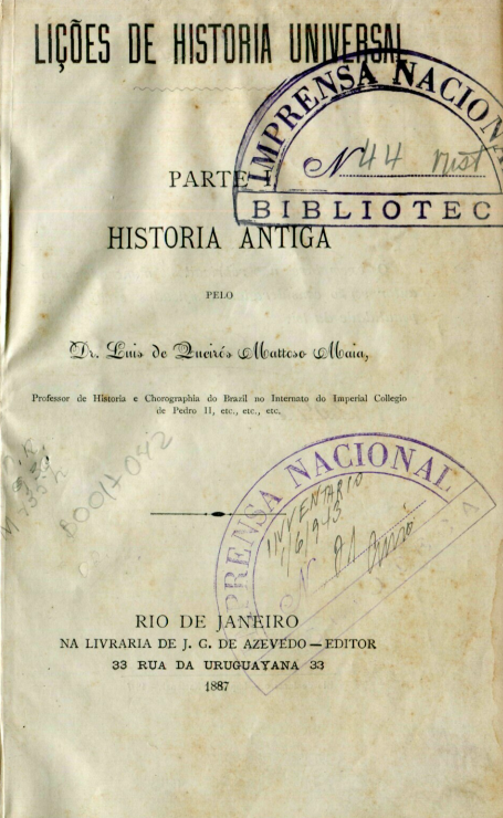 Capa do Livro Lições de História Universal -parte I - História Antiga