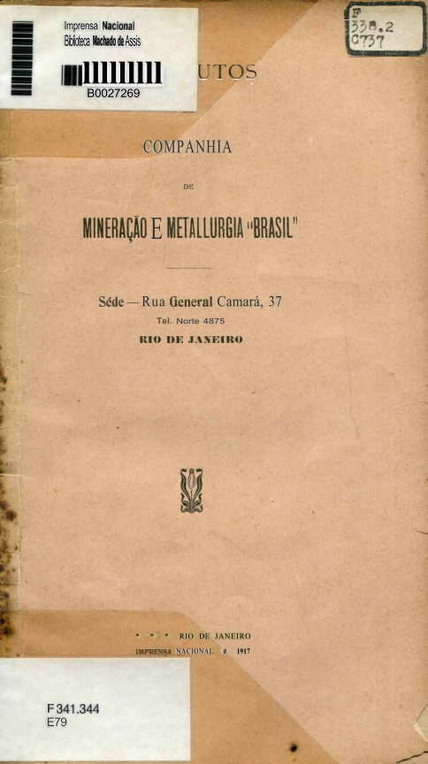 Capa do Livro Estatutos da Companhia de Mineiração e Metalurgia Brasil