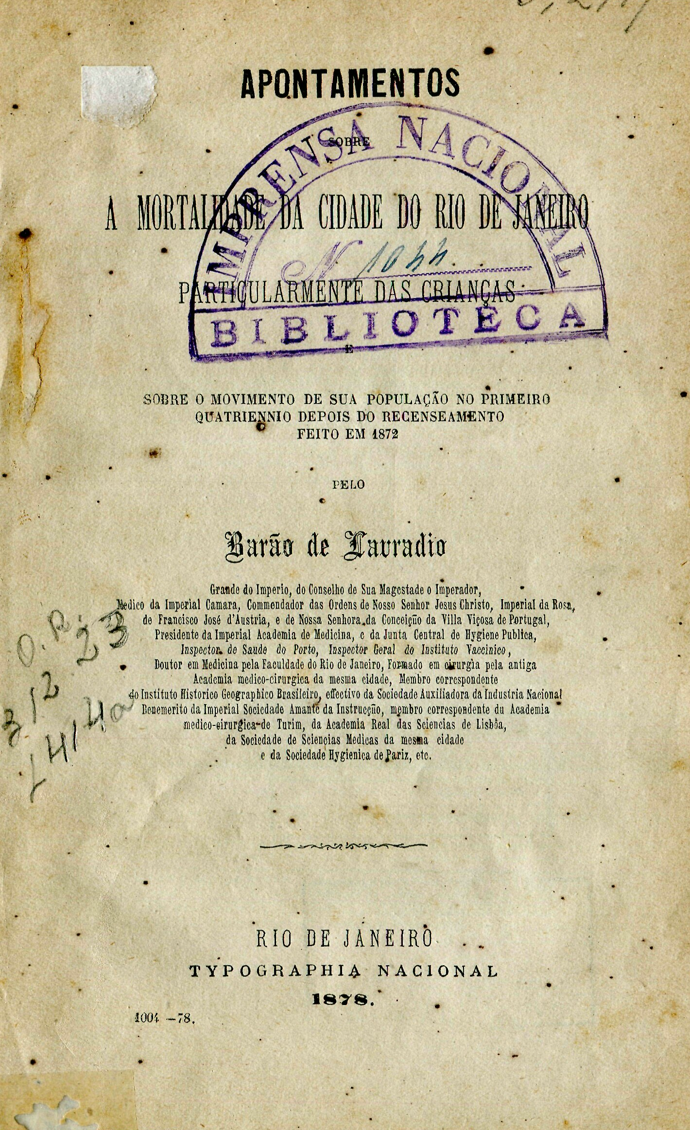 Capa do Livro Apontamentos sobre a Mortalidade da Cidade do Rio de Janeiro