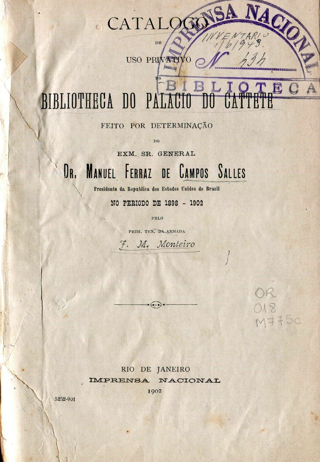Capa do Livro Catalogo de uso privativo da Bibliotheca do Palacio do Cattete