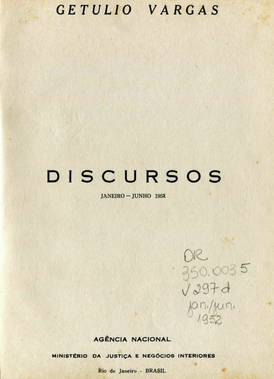 Capa do Livro Getúlio Vargas - Discursos janeiro-junho 1952